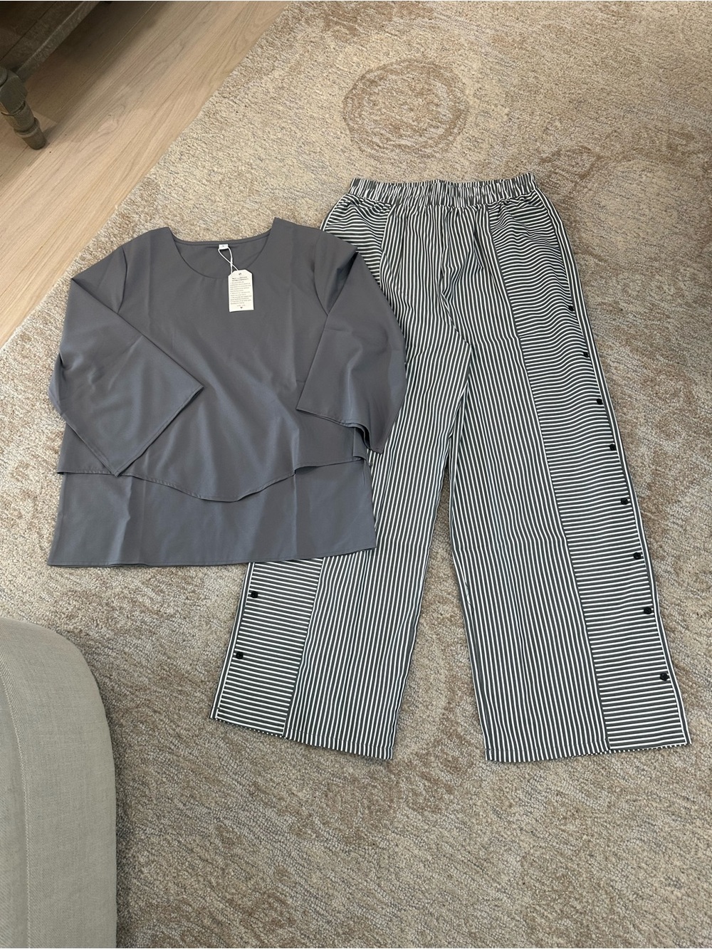 Gray Layered Top with Black & White Striped Wide-Leg Pants